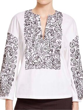 Tory Burch White Top with Black Embroidered Motif